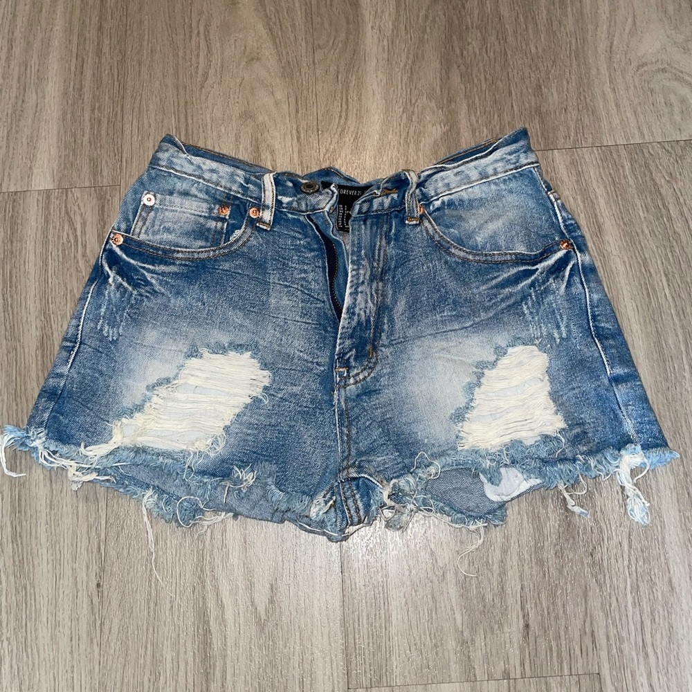 Distressed denim shorts